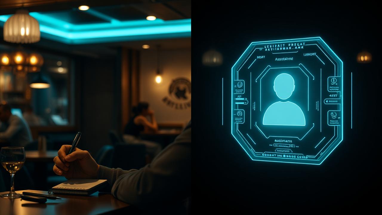 Cinematische split-beeld vergelijking AI klantenservice vs traditioneel horeca met telefoon en AI-interface
