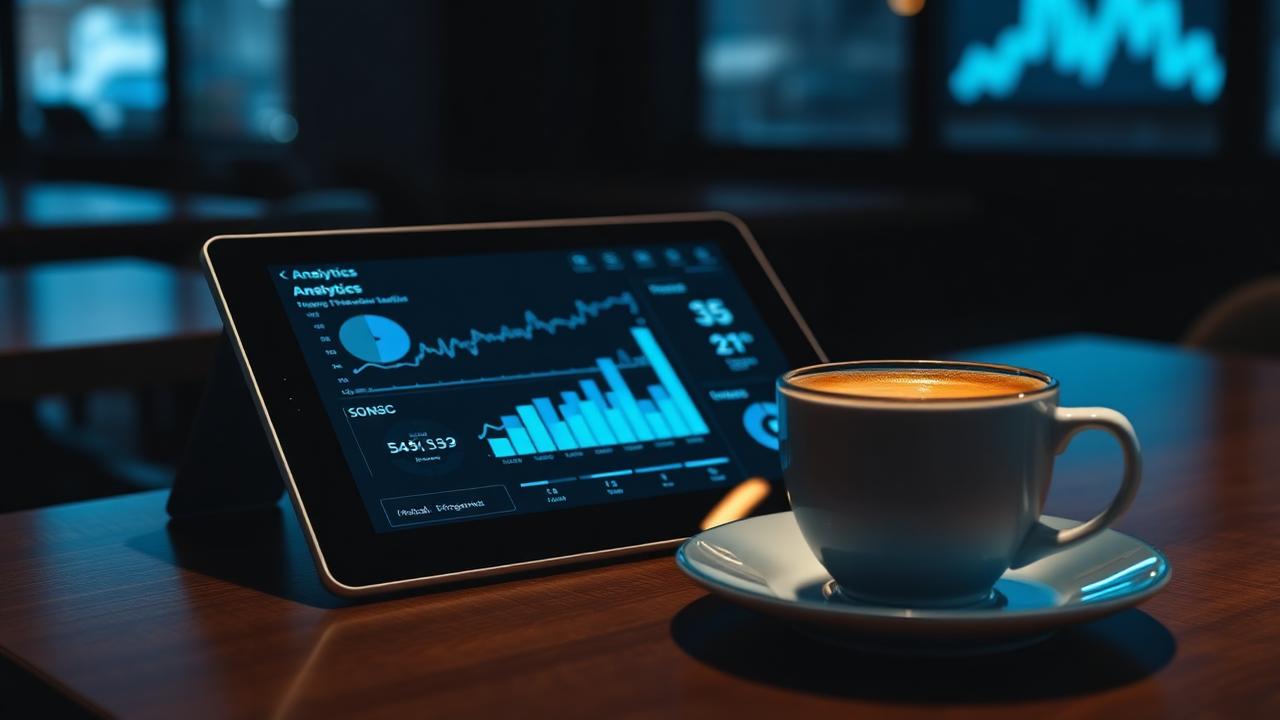 Cinematische close-up van analytics dashboard op tablet voor AI klantenservice vs traditioneel horeca