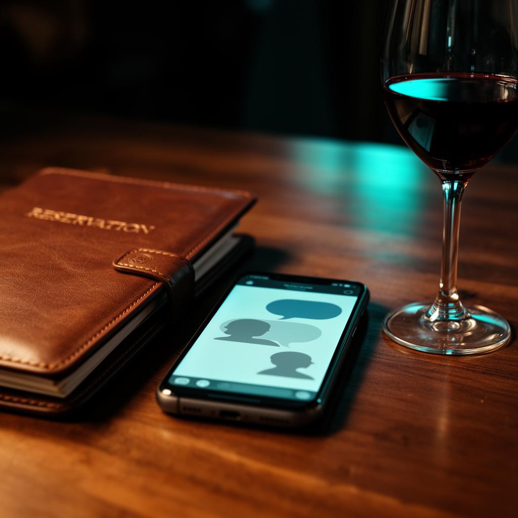 Cinematische close-up van smartphone met chatscherm naast leren reserveringsboek, voor AI webchat horeca reserveringen