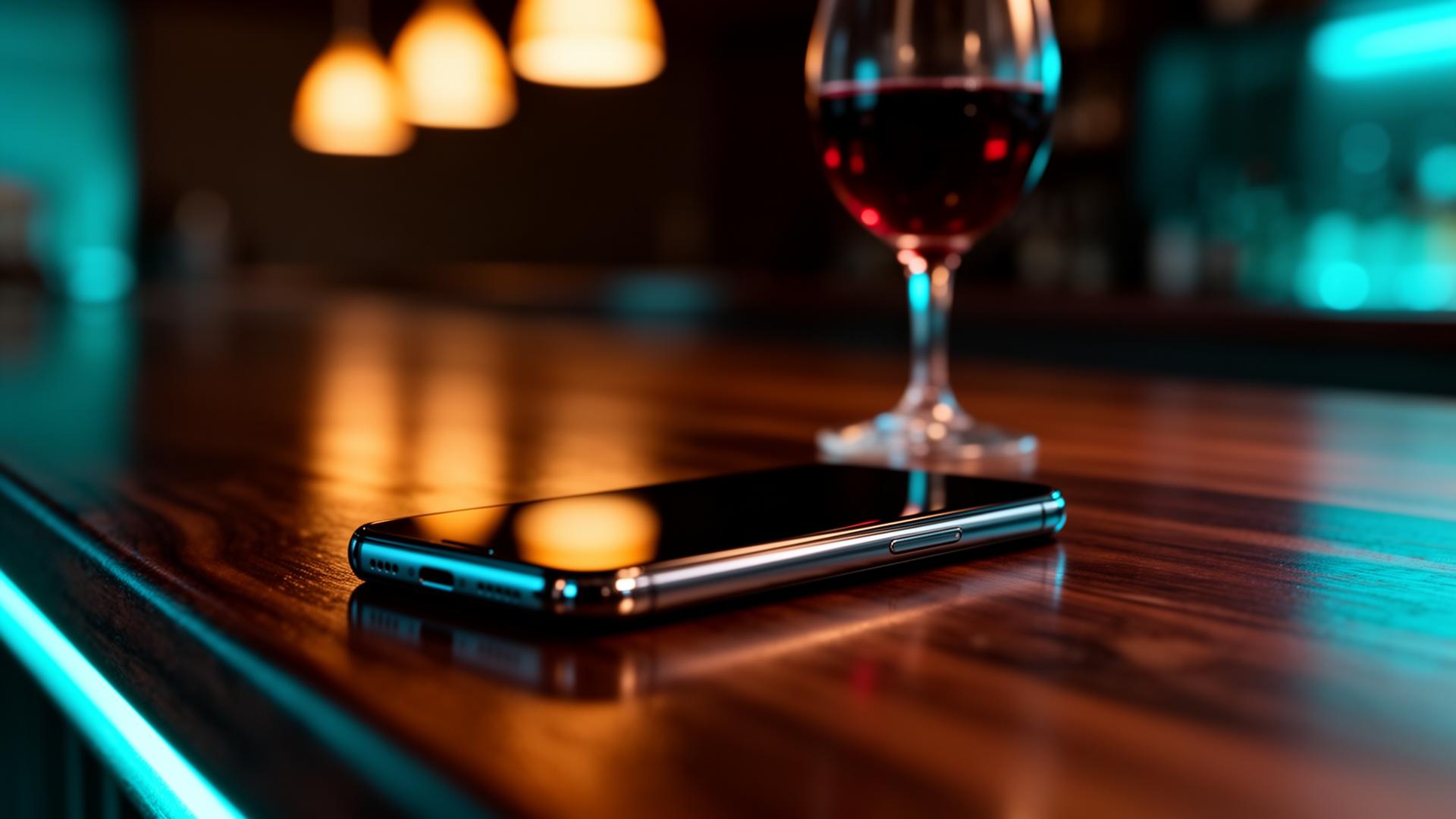 AI WhatsApp Business restaurant: cinematische close-up van smartphone op donker houten bartoog met warme lampen