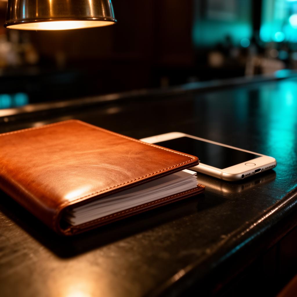 Houten reserveringsboek en smartphone naast elkaar op donker bartoog in warm cinematisch licht