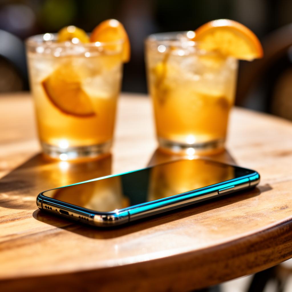 Smartphone op een houten bistro tafel met zomerse drankjes en warme bokeh in een terrasinstelling