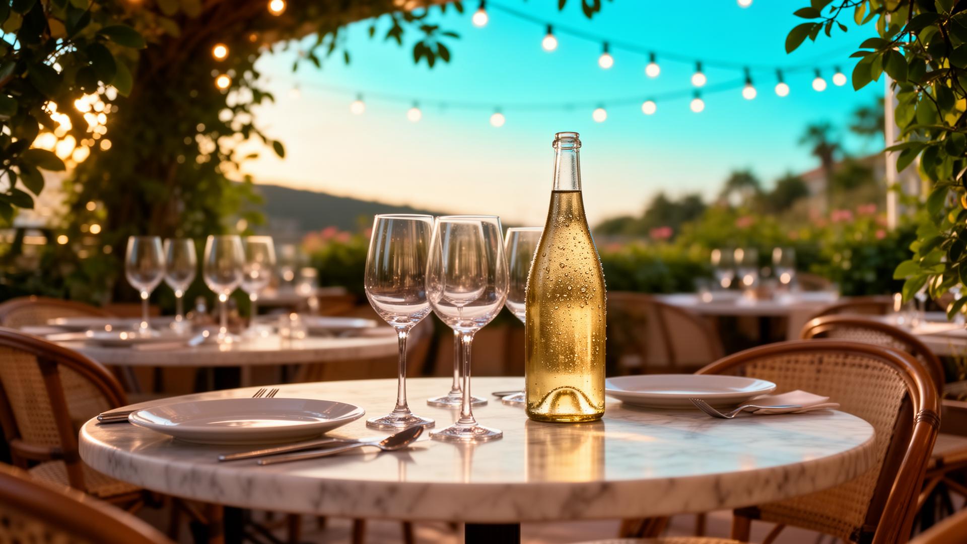 AI zomerdrukte horeca: cinematische close-up van vol zomerterras met wijnglazen, gefilterd zonlicht en warme zomerse sfeer