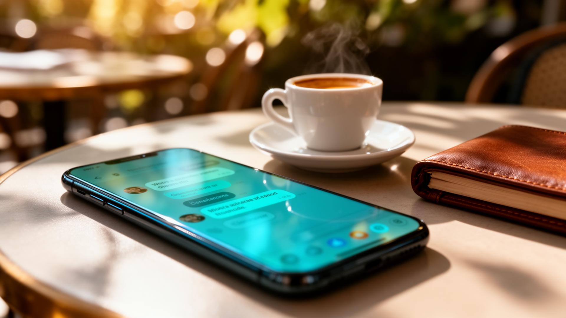 Cinematische close-up van smartphone met blurred chat naast espresso en notitieboek op zonnig terras voor AI zomerdrukte horeca