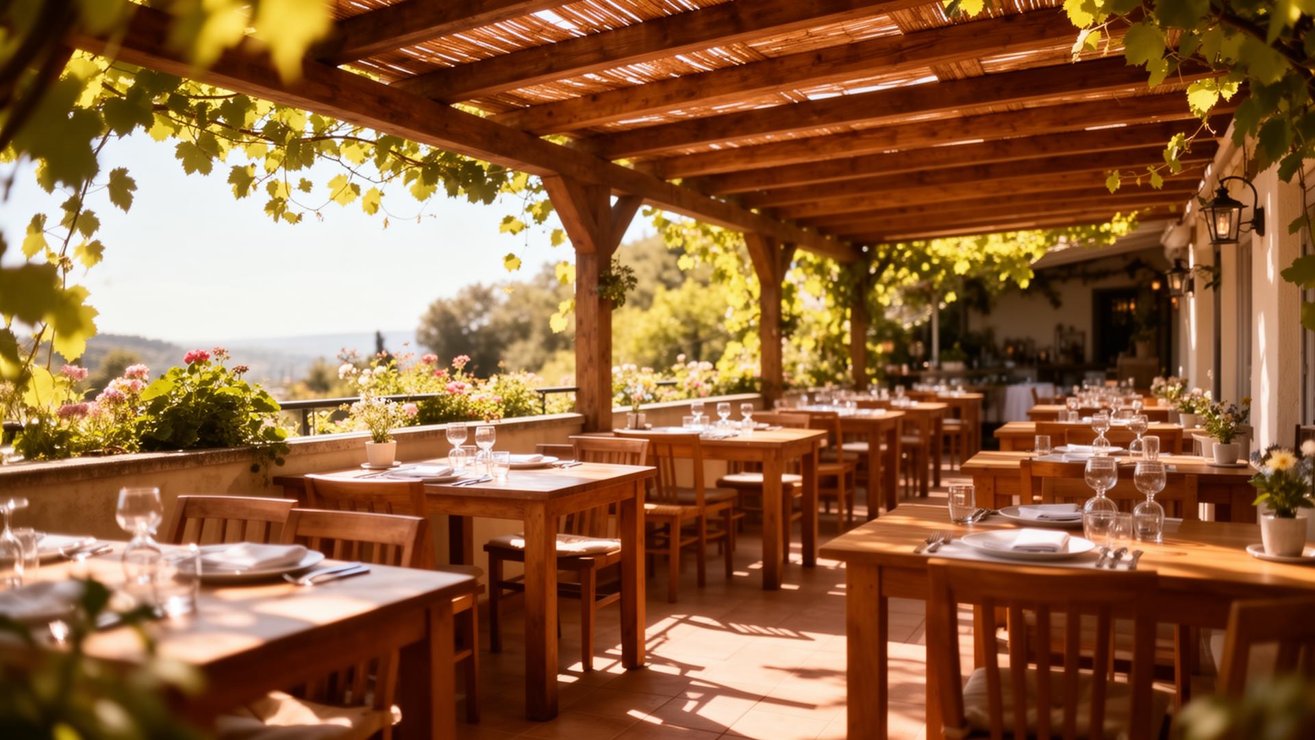 AI zomerseizoen horeca zonovergoten terras met gedekte tafels onder pergola in warme tonen