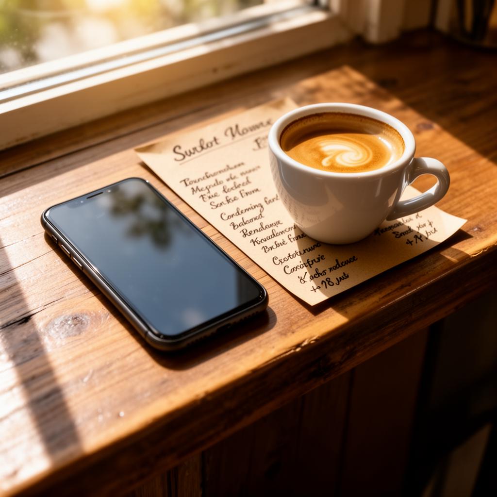 AI zomerseizoen horeca houten bar met smartphone bij espresso en handgeschreven menu