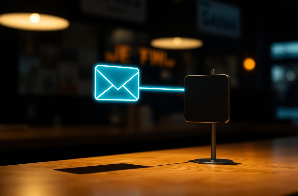 Cinematische close-up van inbox-icoon met digitale verbinding naar agenda, illustratie van automatische bevestiging in reserveringssysteem