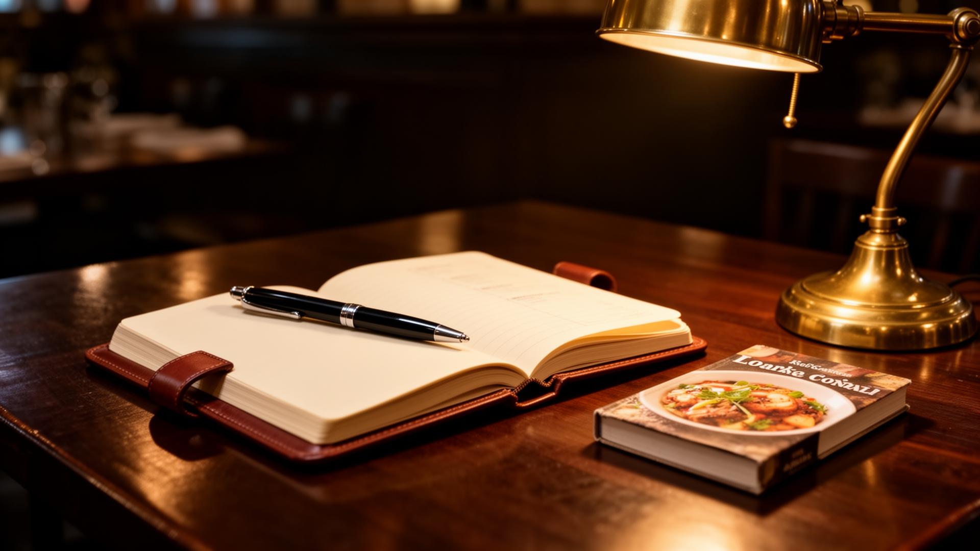 Beginnersgids AI horeca open notitieblok met pen en kookboek op donkere restauranttafel bij koperen lamp
