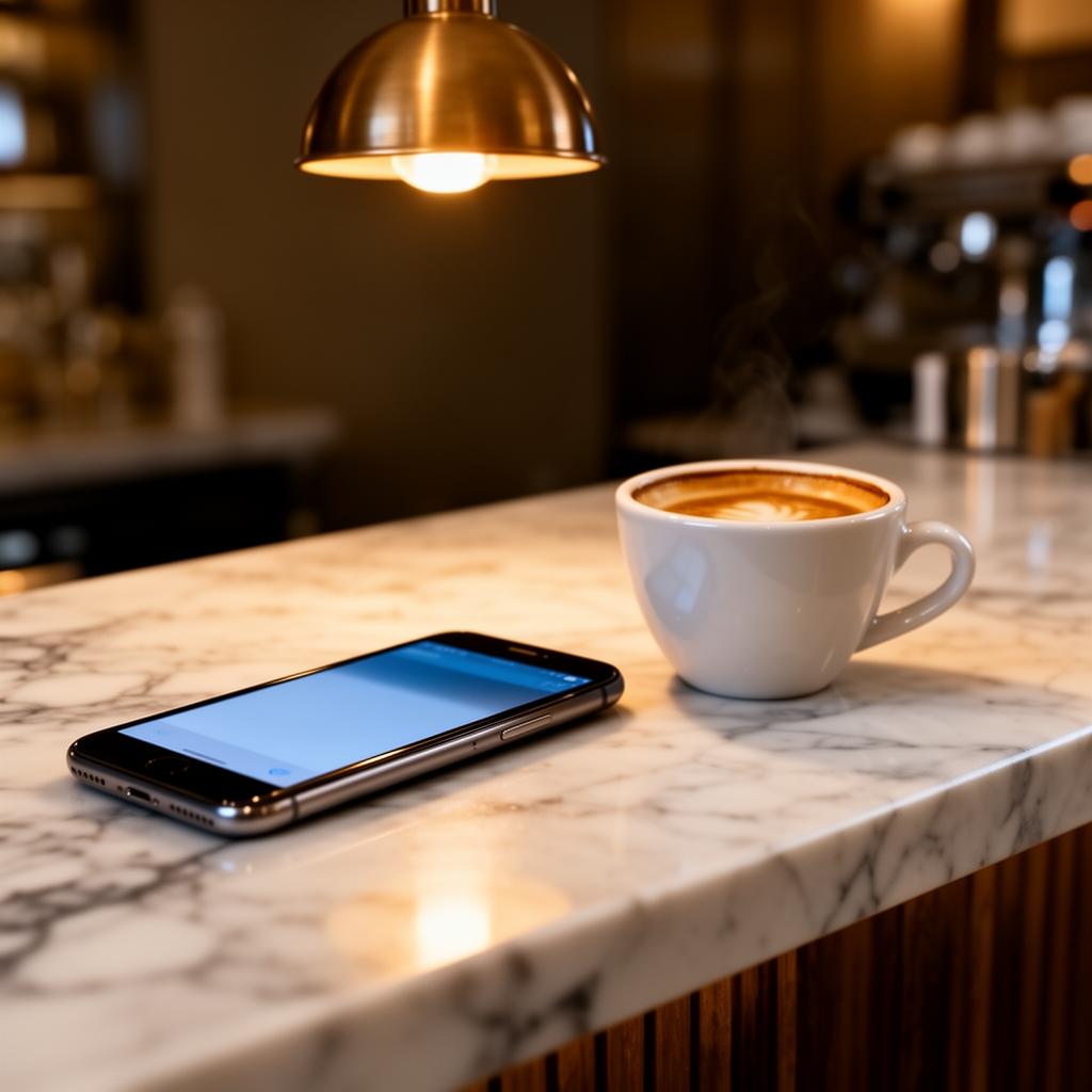 Beginnersgids AI horeca smartphone met chat icoon naast espressokop op marmeren bar