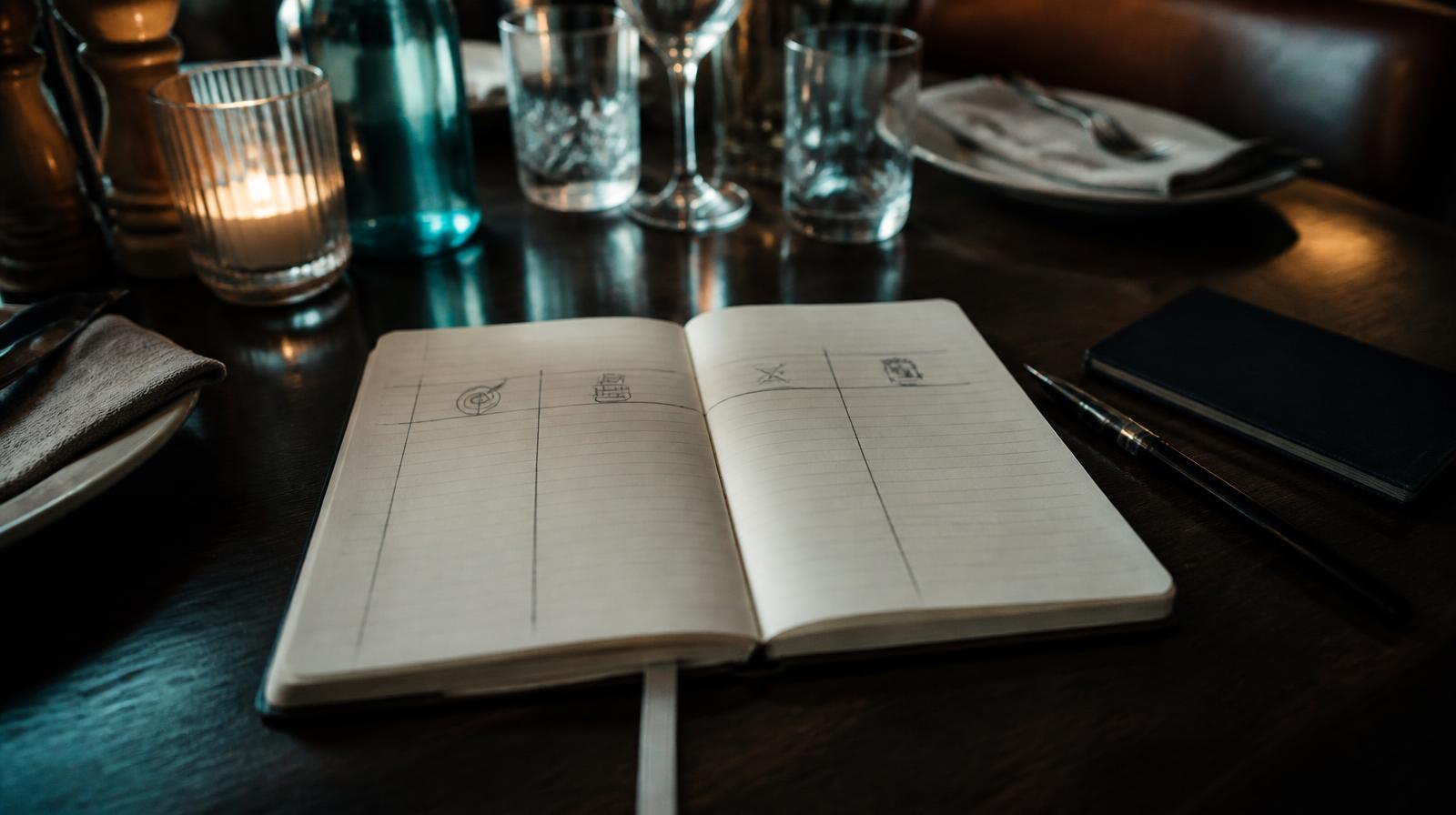 Beste AI klantenservice horeca closeup van notitieblok met vergelijkingskolommen op donkere restauranttafel bij warm licht
