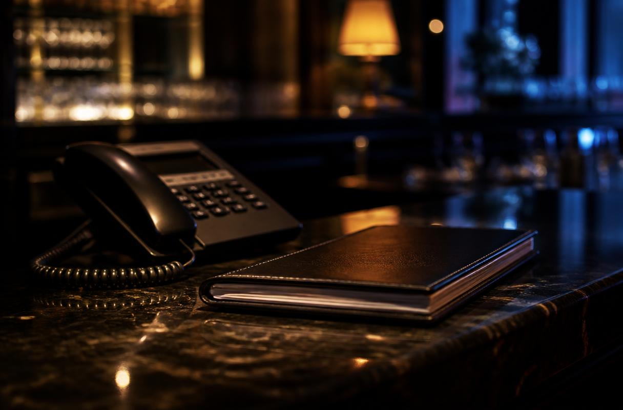 Beste AI klantenservice horeca closeup van telefoon en reserveringsboek op donkere bar in restaurant
