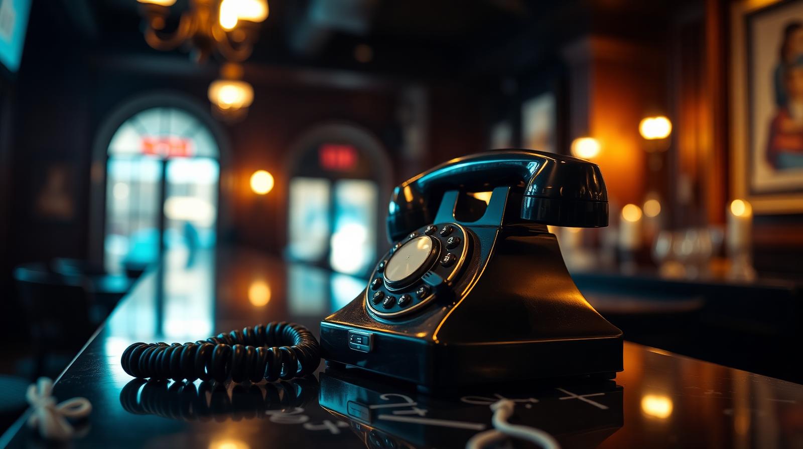 Cinematische close-up van vintage telefoon op donker marmeren bar in Amsterdams restaurant, casestudy AI klantenservice horeca