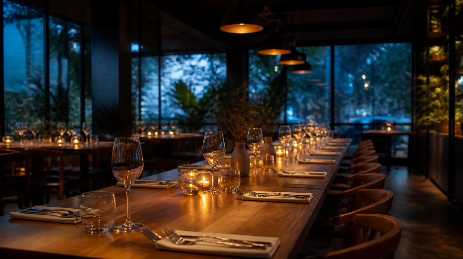 AI horecaketen casestudy warme casual dining zaal met lange gedekte tafels en zacht avondlicht zonder mensen