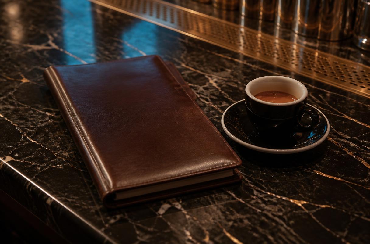 AI horecaketen locatieoverzicht closeup van reserveringsboek en espresso op donkere marmeren bar met warm licht