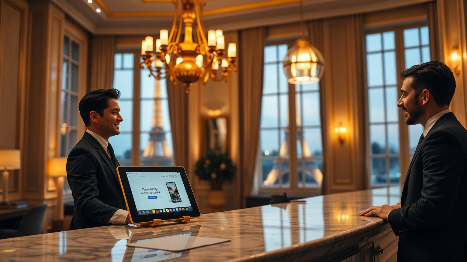 AI hotel Parijs elegante boutique hotel lobby met marmeren receptie tablet en Eiffeltoren op de achtergrond bij schemerlicht