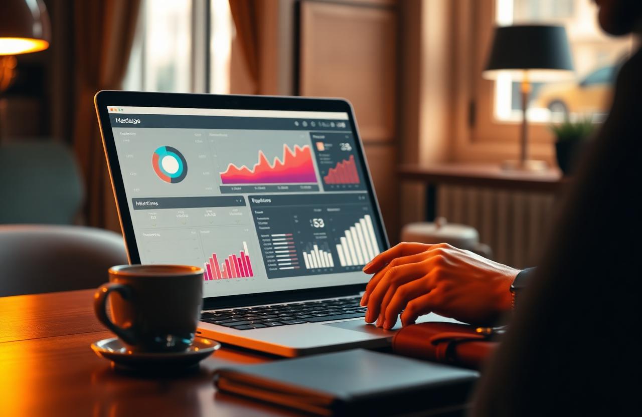 AI hotel Parijs manager reviewt analytics dashboard op laptop in warme Parijse hotelbackoffice met espresso en notitieboek