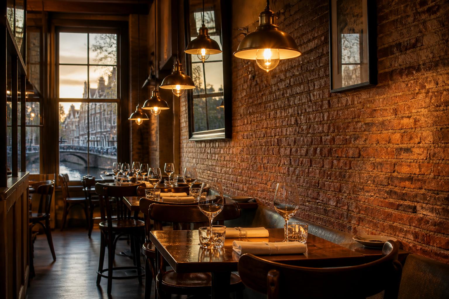 AI review management restaurant Utrechts grachtenpand interieur bij zonsondergang met bakstenen muur en messing pendelarmaturen