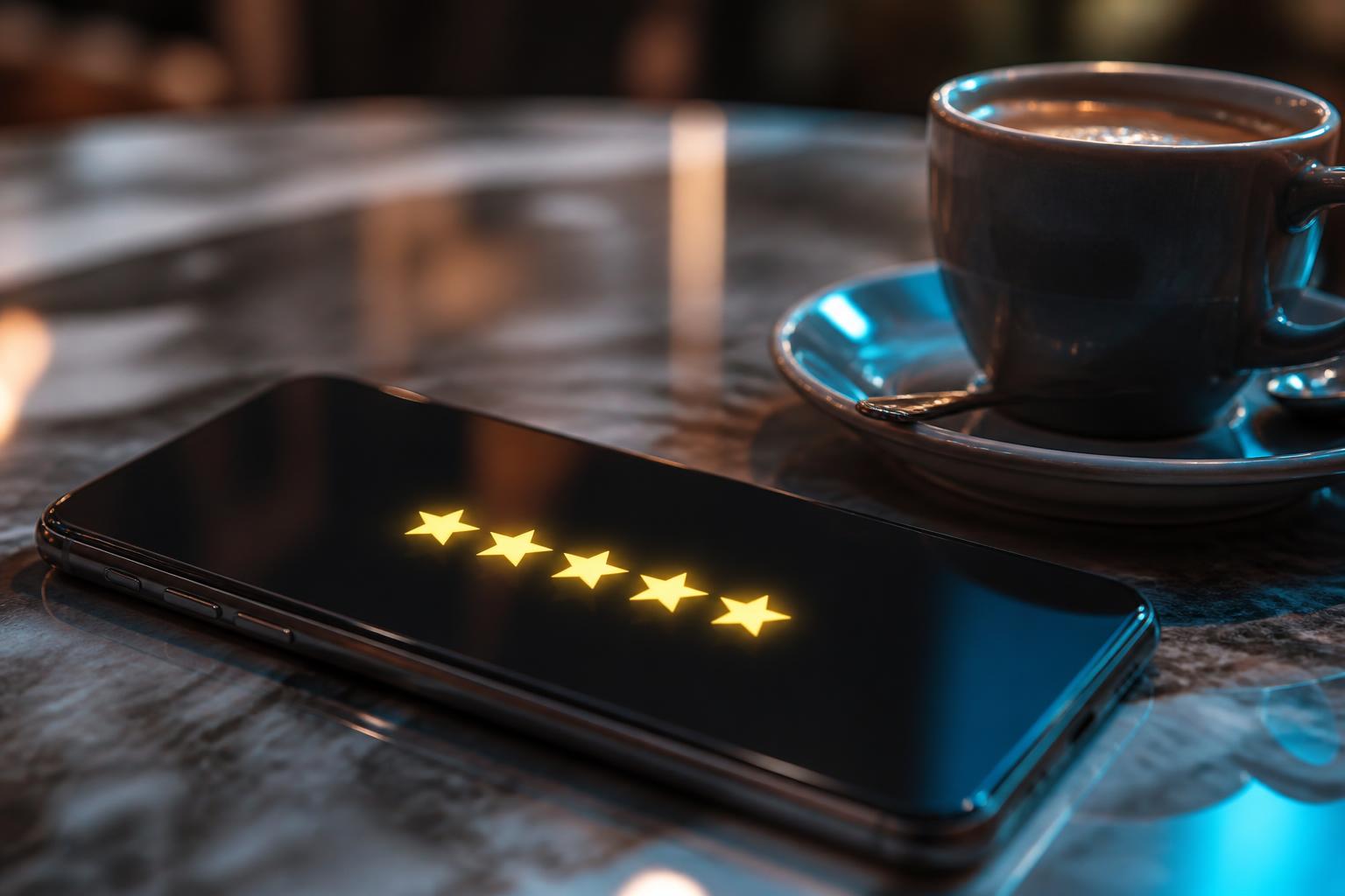 AI review management restaurant smartphone met vijf gouden sterren naast espressokopje op marmeren cafetafel