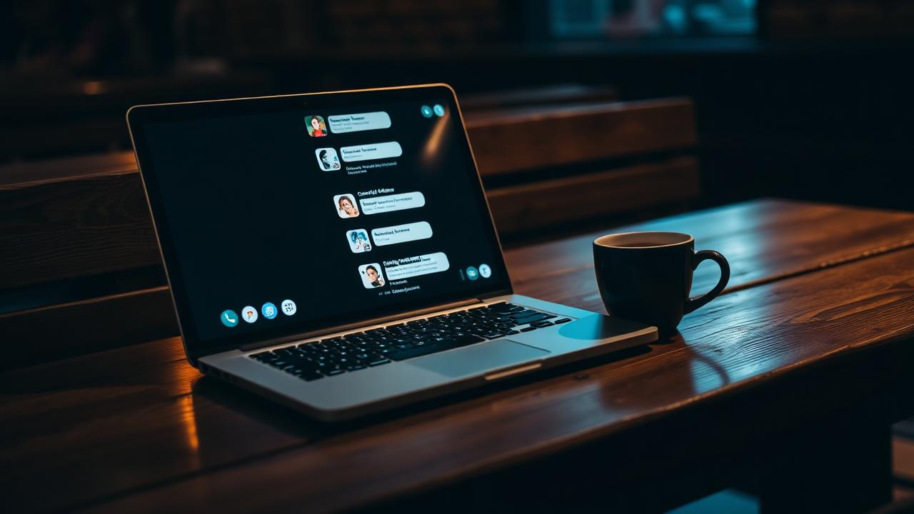 Cinematische close-up van laptop met chatscherm op rustieke cafétafel met koffiekop voor chatbot cafe Nederland
