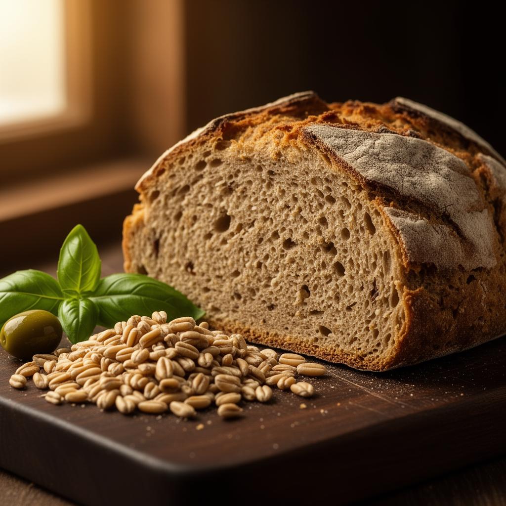 Closeup van glutenvrij brood en granen op een houten snijplank met basilicum en olijf, illustratie van allergeneninformatie in het restaurant.