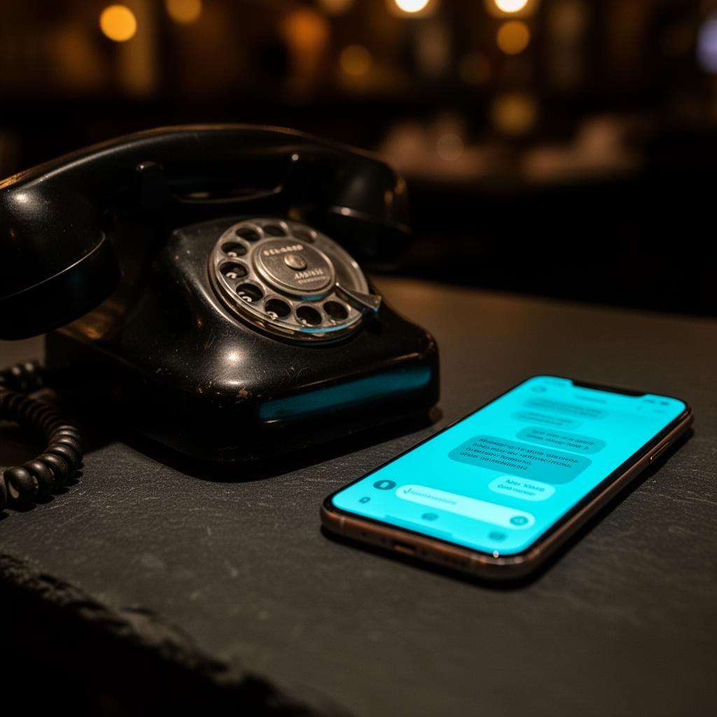 Vintage zwarte draaischijftelefoon naast moderne smartphone met cyaan chat-interface op leisteen, contrast tussen oude en nieuwe restaurantreserveringen.