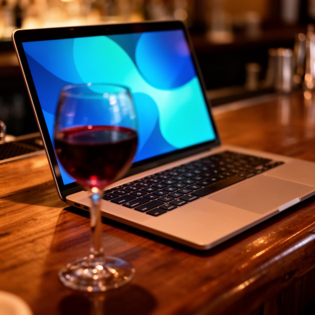 Open laptop op een houten bar met abstract blauw chat-UI en glas rode wijn op de voorgrond, restaurant-AI in actie.