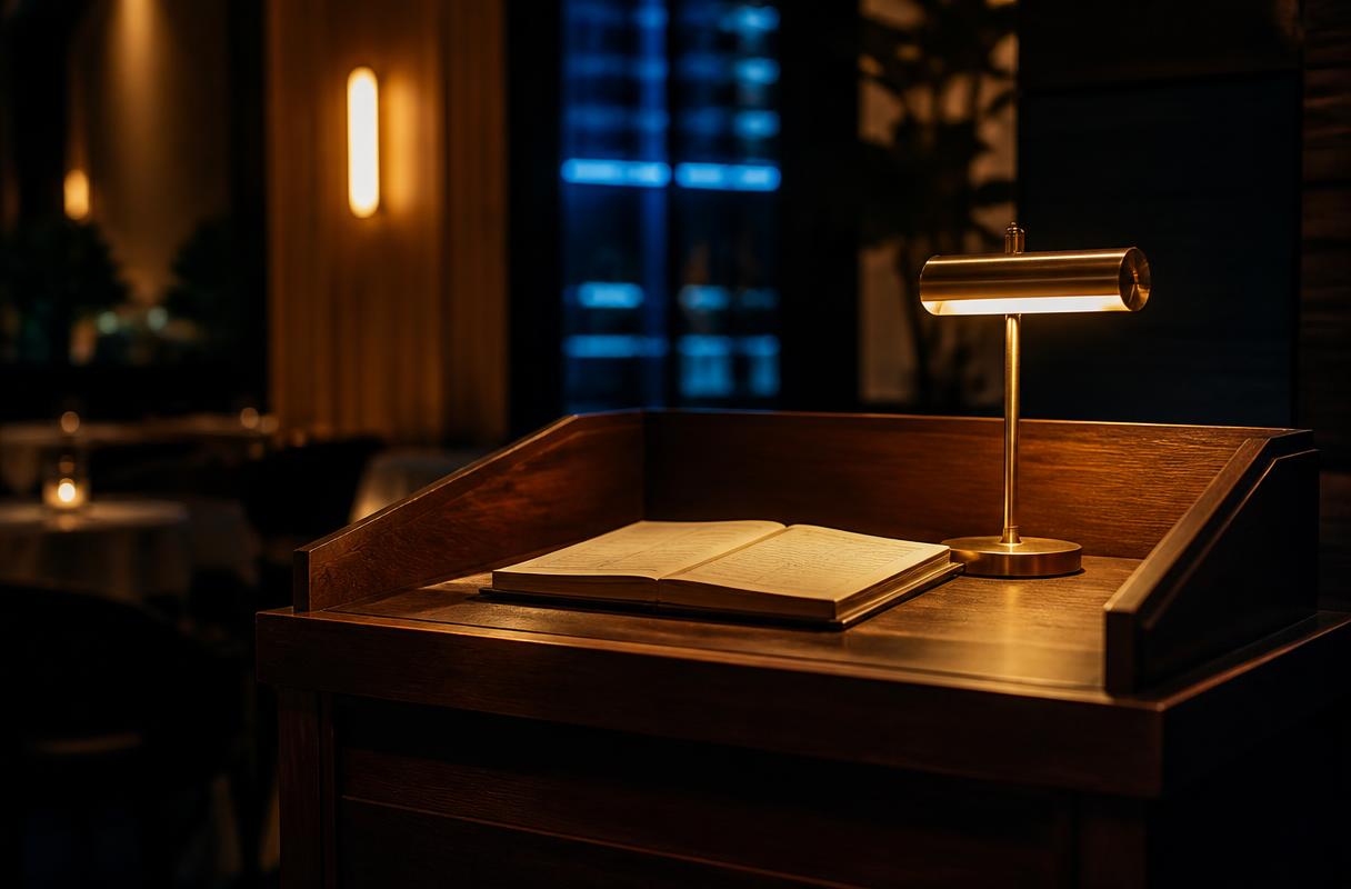 AI gids horeca closeup van receptiebalie met reserveringsboek in een restaurant