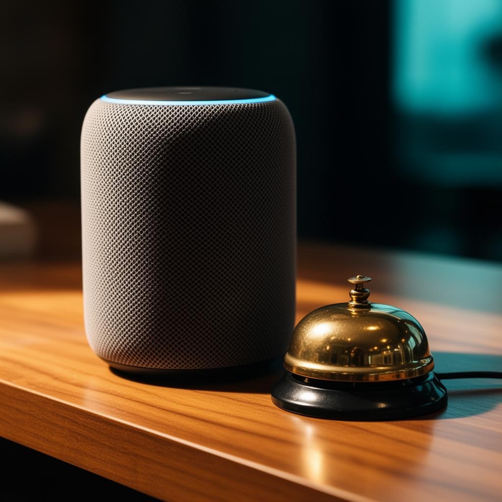 Close-up van een slimme speaker en reserveringsbel op een restaurantbalie die symbool staat voor AI transparantie restaurant en voice assistenten