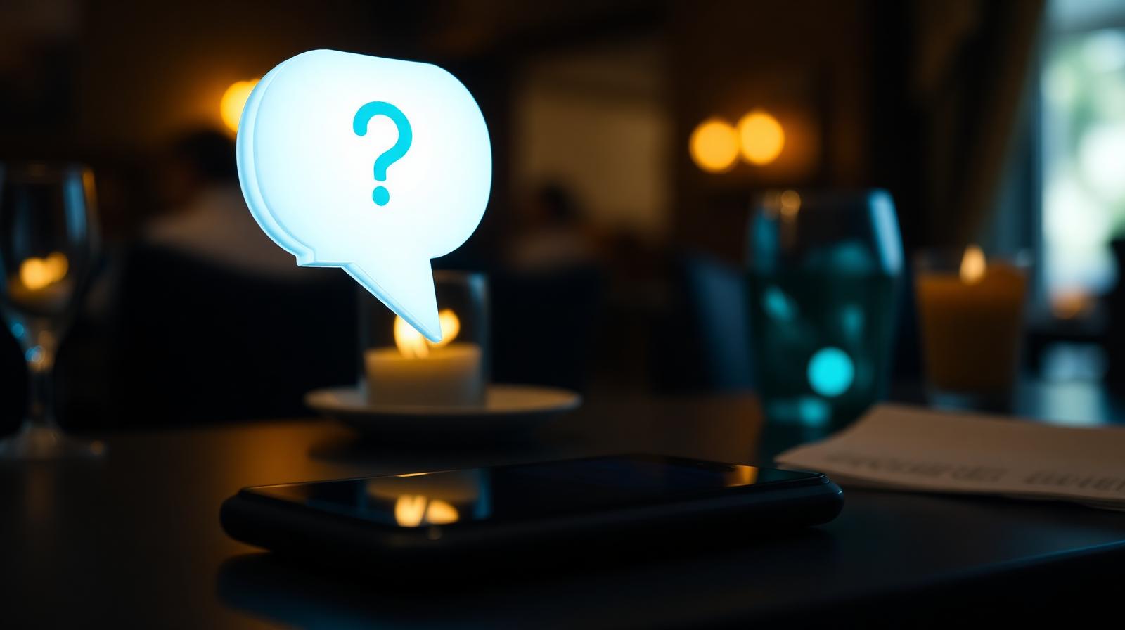 Cinematische close-up van vraagteken-icoon naast smartphone op donker restauranttafelblad, illustratie van AI chatbot horeca veelgestelde vragen