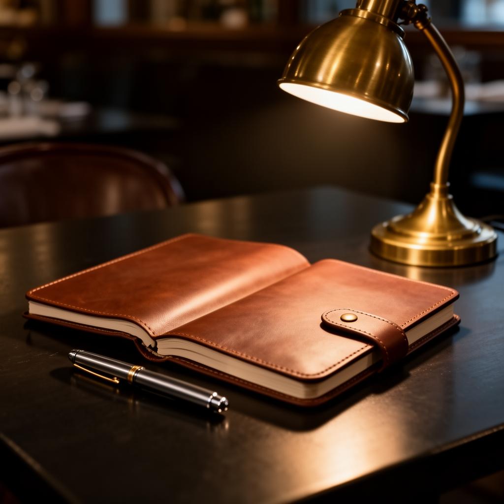 AI horeca kosten en abonnement open leren notitieblok met pen onder messing bureaulamp