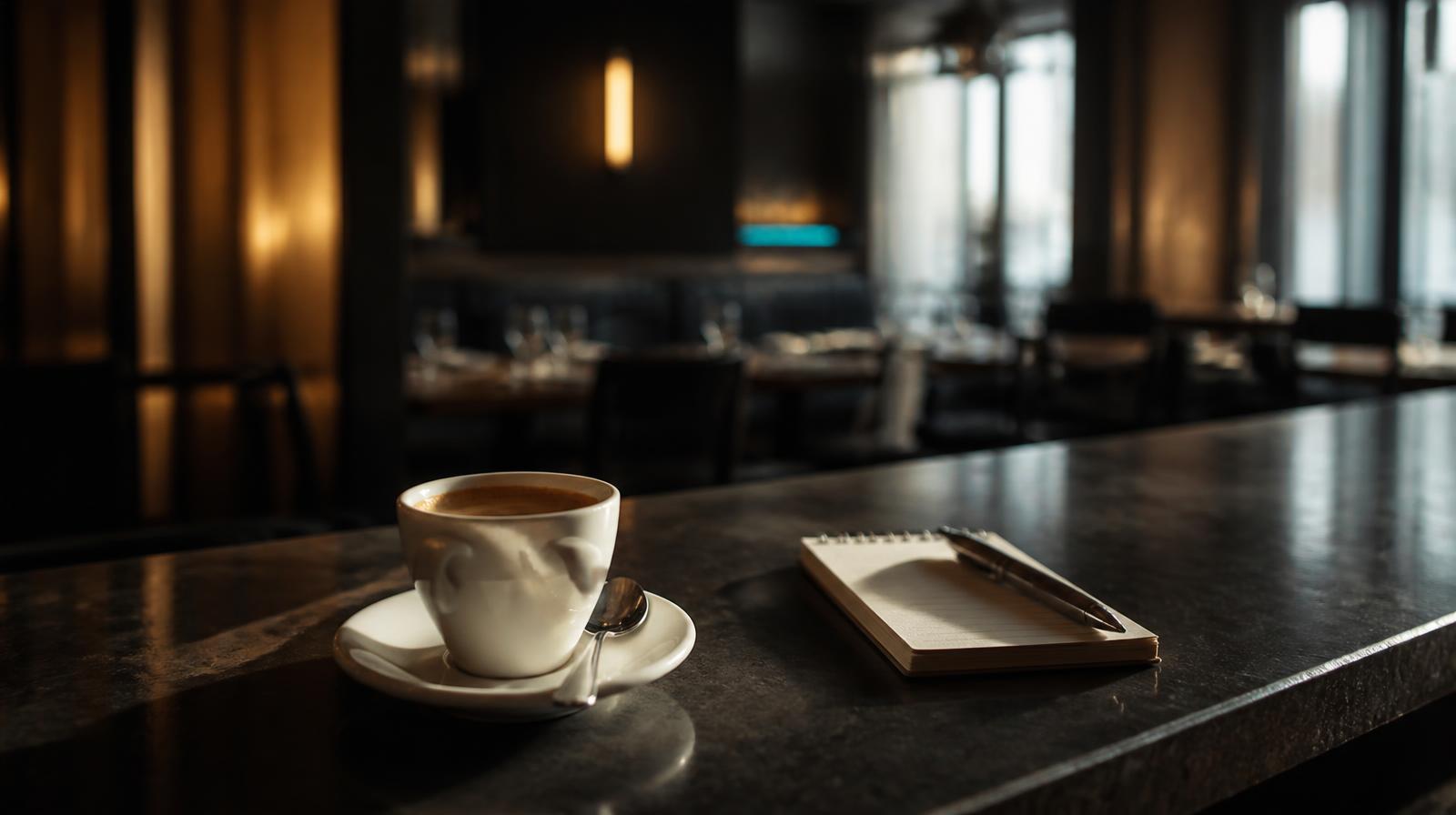 AI horeca 2026 closeup van espressokopje en notitieblok met vragen op een donkere restaurantbar