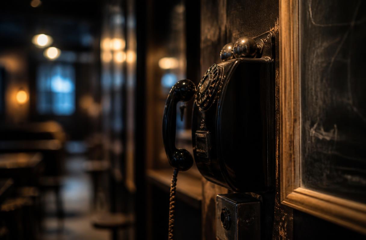 AI horeca 2026 closeup van wandtelefoon in een donker cafe-interieur