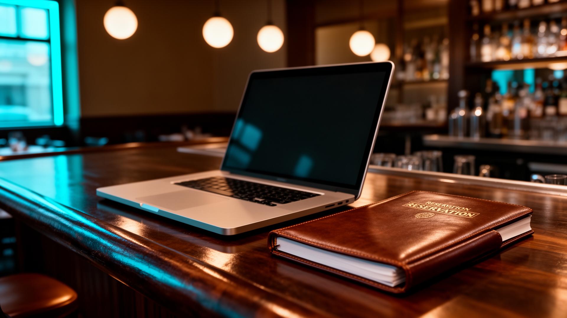 AI implementatie horeca: cinematische close-up van laptop en reserveringsboek op donker bartoog met warme lampen