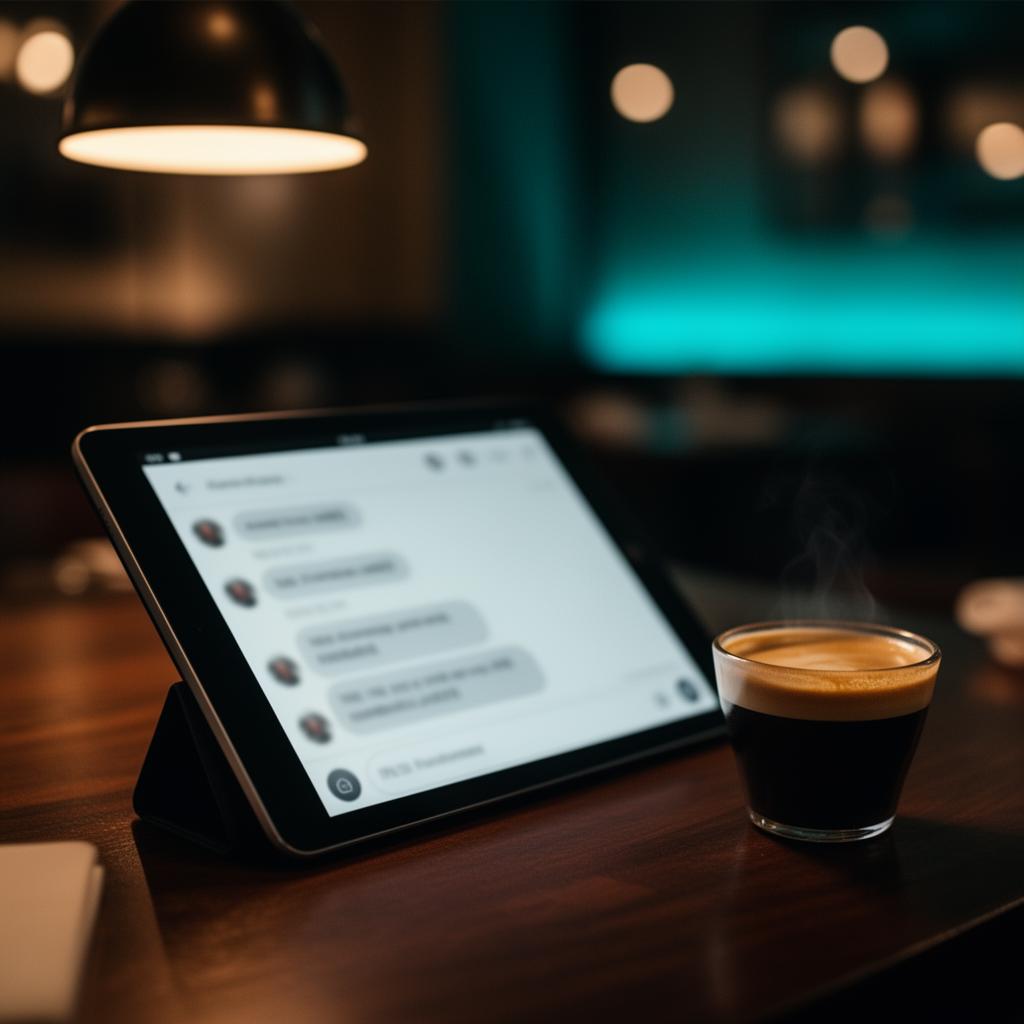 Tablet met chat-interface naast koffiekop op donkere houten tafel in warm cinematisch licht