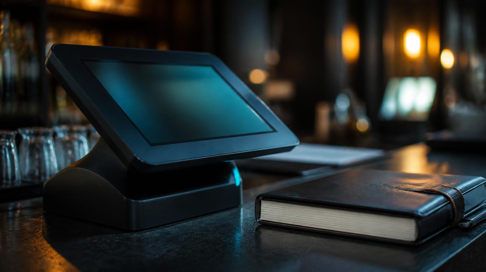 AI integraties horeca closeup van kassaterminal en reserveringsboek op donkere bar in restaurant bij warm licht