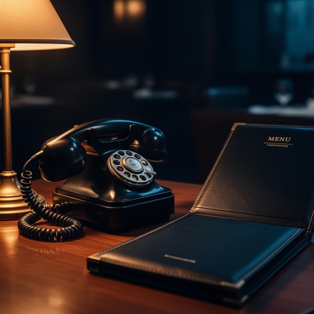 AI stem telefonie horeca closeup van vintage telefoon naast menukaart op restauranttafel