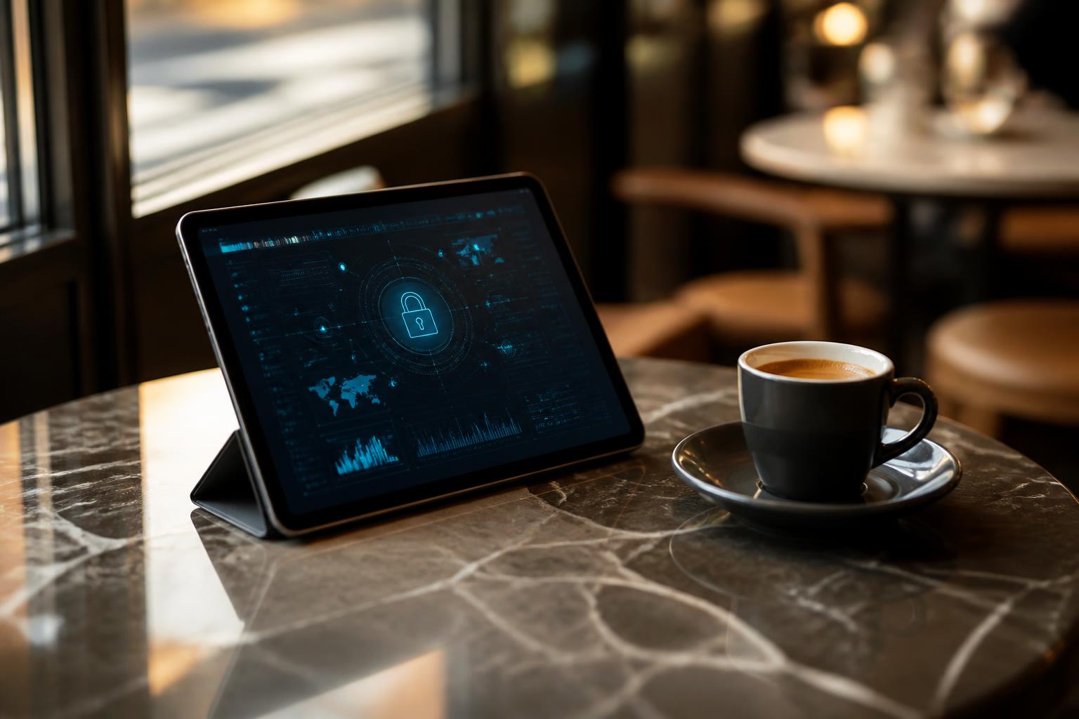 AI klantenservice veilig horeca tablet met versleuteld dashboard naast espressokopje op marmeren cafetafel