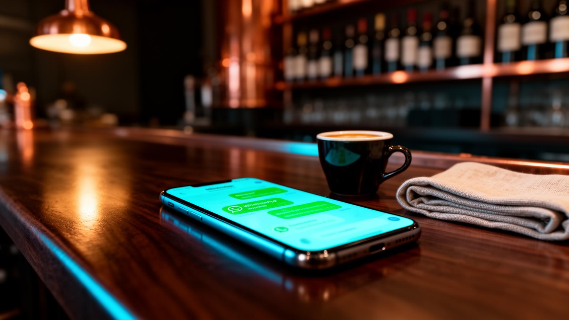 AI WhatsApp horeca cinematic closeup van smartphone met chat op bartafel in restaurant