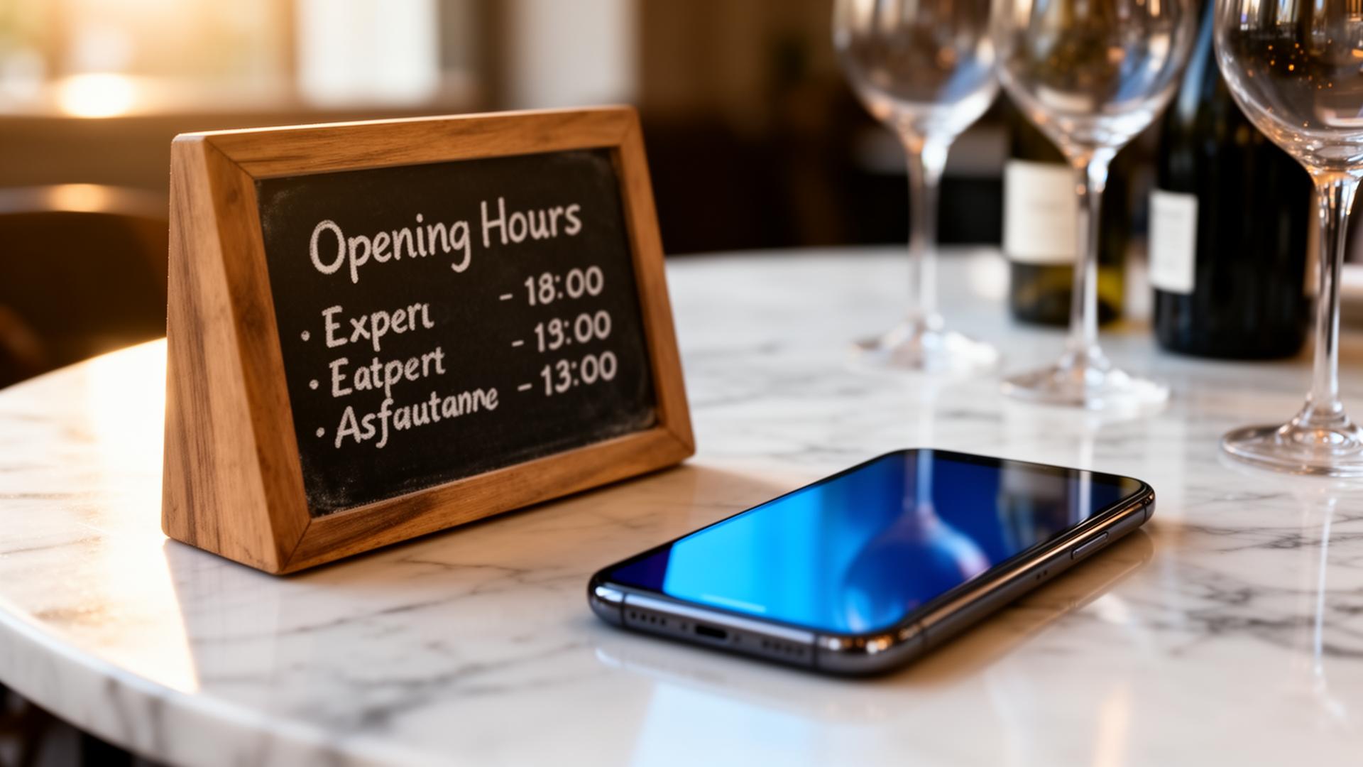 AI WhatsApp horeca closeup van handgeschreven openingstijden bord en smartphone op marmeren tafel