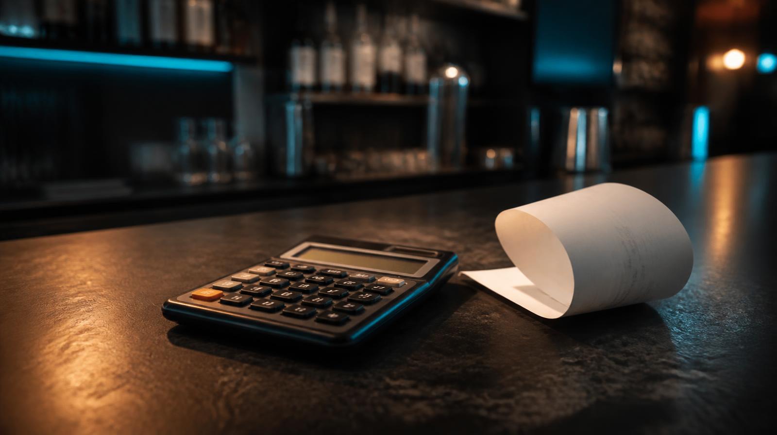 ROI van AI in de horeca closeup van rekenmachine en kasbon op donkere restaurantbar