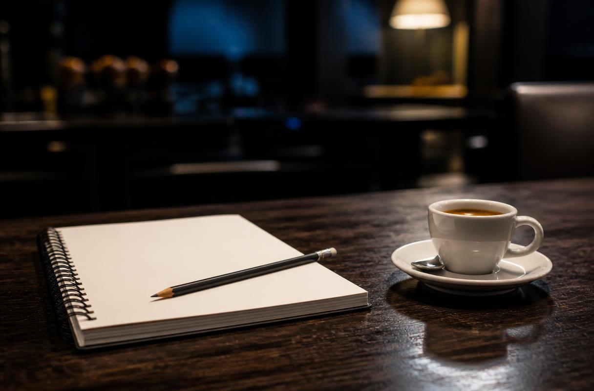 ROI van AI in de horeca closeup van notitieblok met potlood naast espressokopje op donker tafelblad