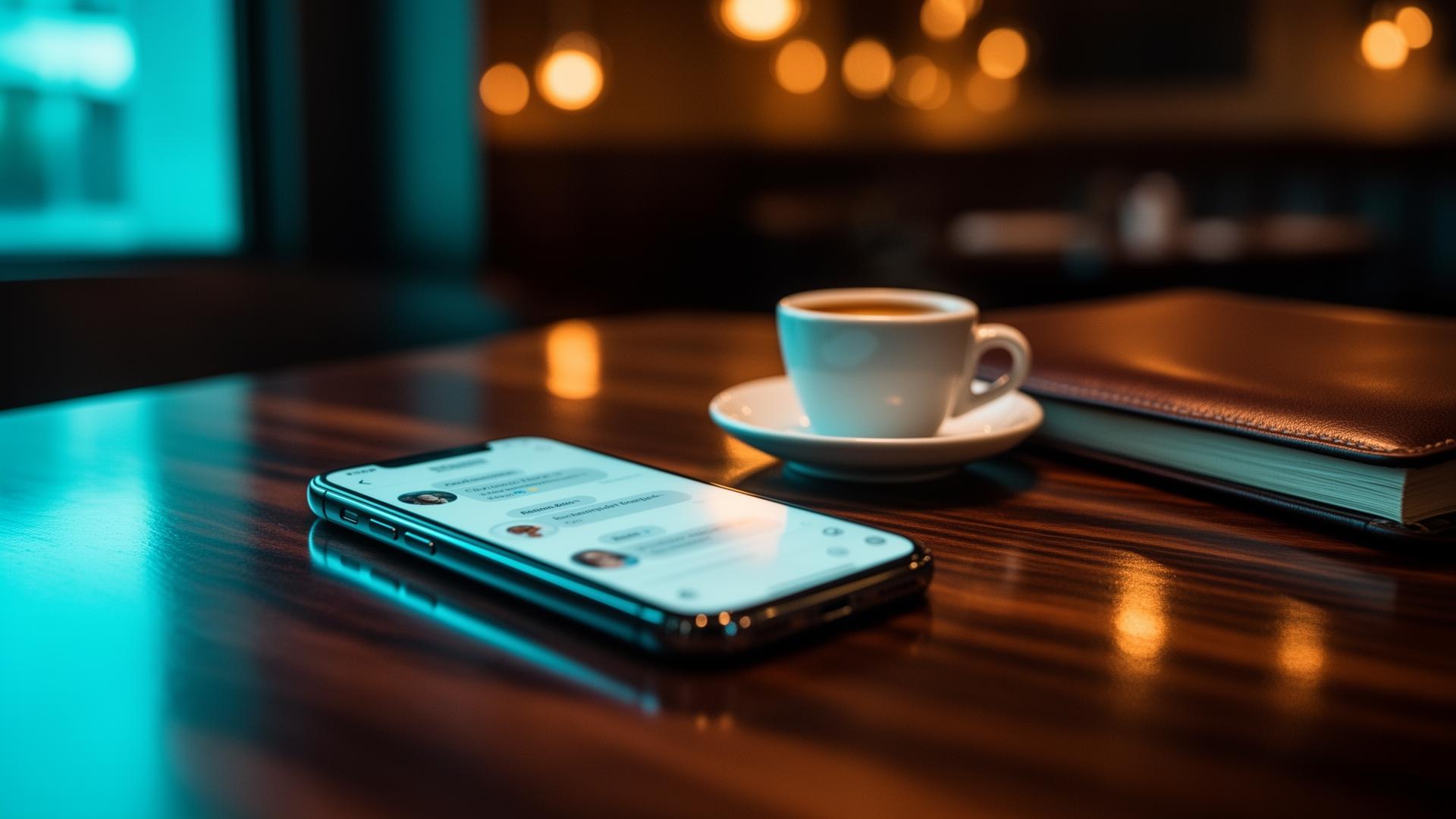 Gastcommunicatie automatiseren: cinematische close-up van smartphone met blurred chat naast espresso op donker restauranttafel