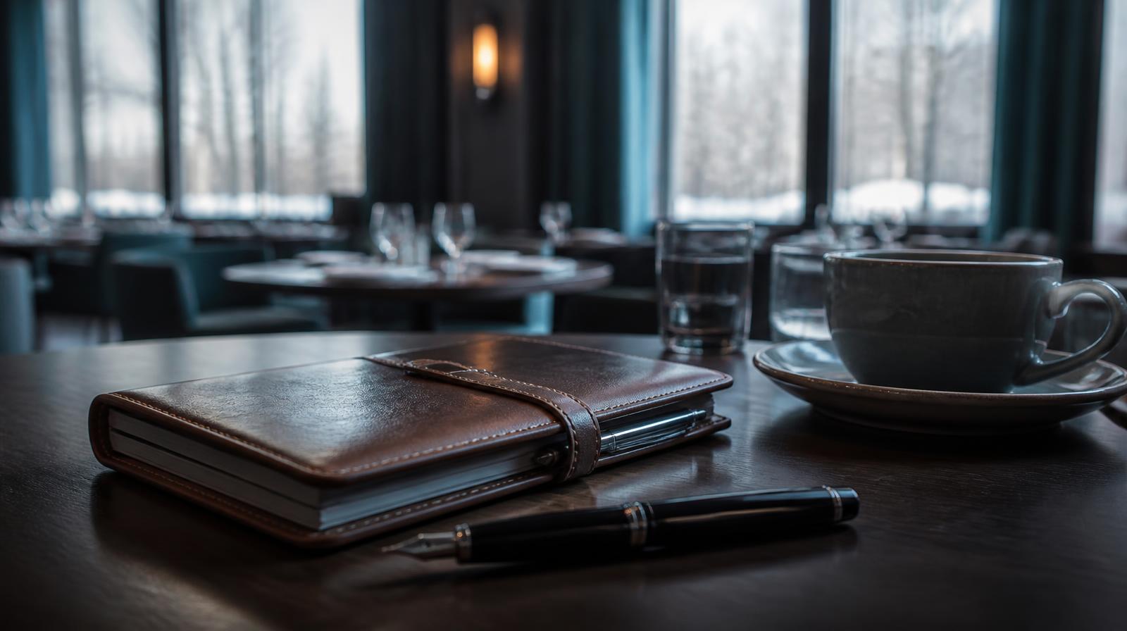 Horeca strategie 2026 closeup van agenda en pen op een donkere restauranttafel bij ochtendlicht