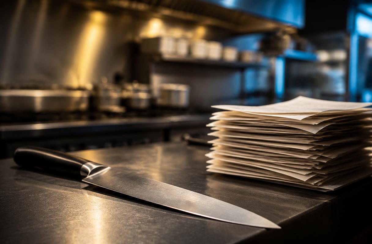 Horeca strategie closeup van bonnenstapel op een donkere keukenwerkbank