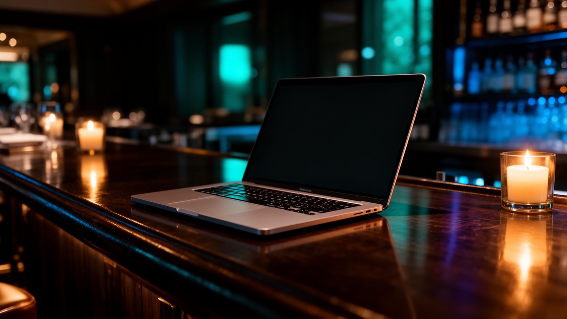 Microsoft for Startups horeca cinematic restaurant interior met laptop en warme verlichting