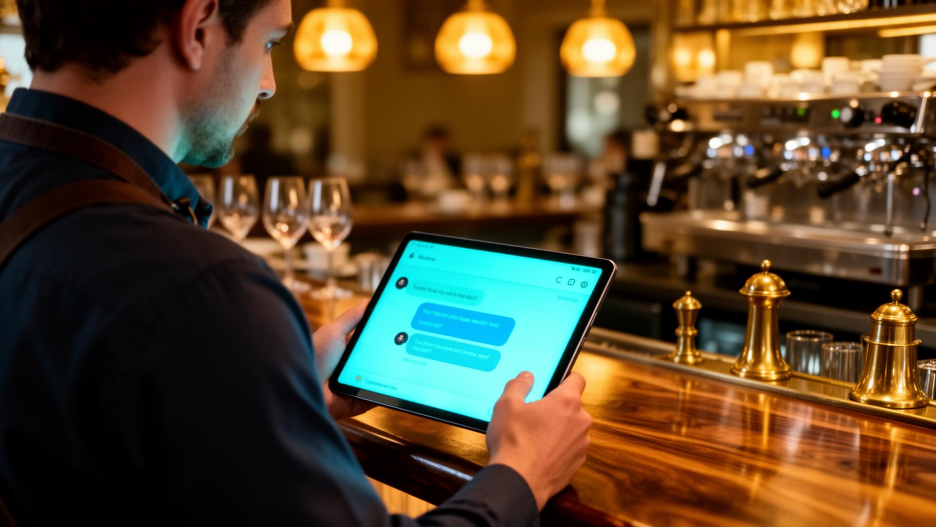 Klantenservice automatiseren voor restaurants: manager kijkt op tablet met chatinbox achter de bar | HorecaHub.ai