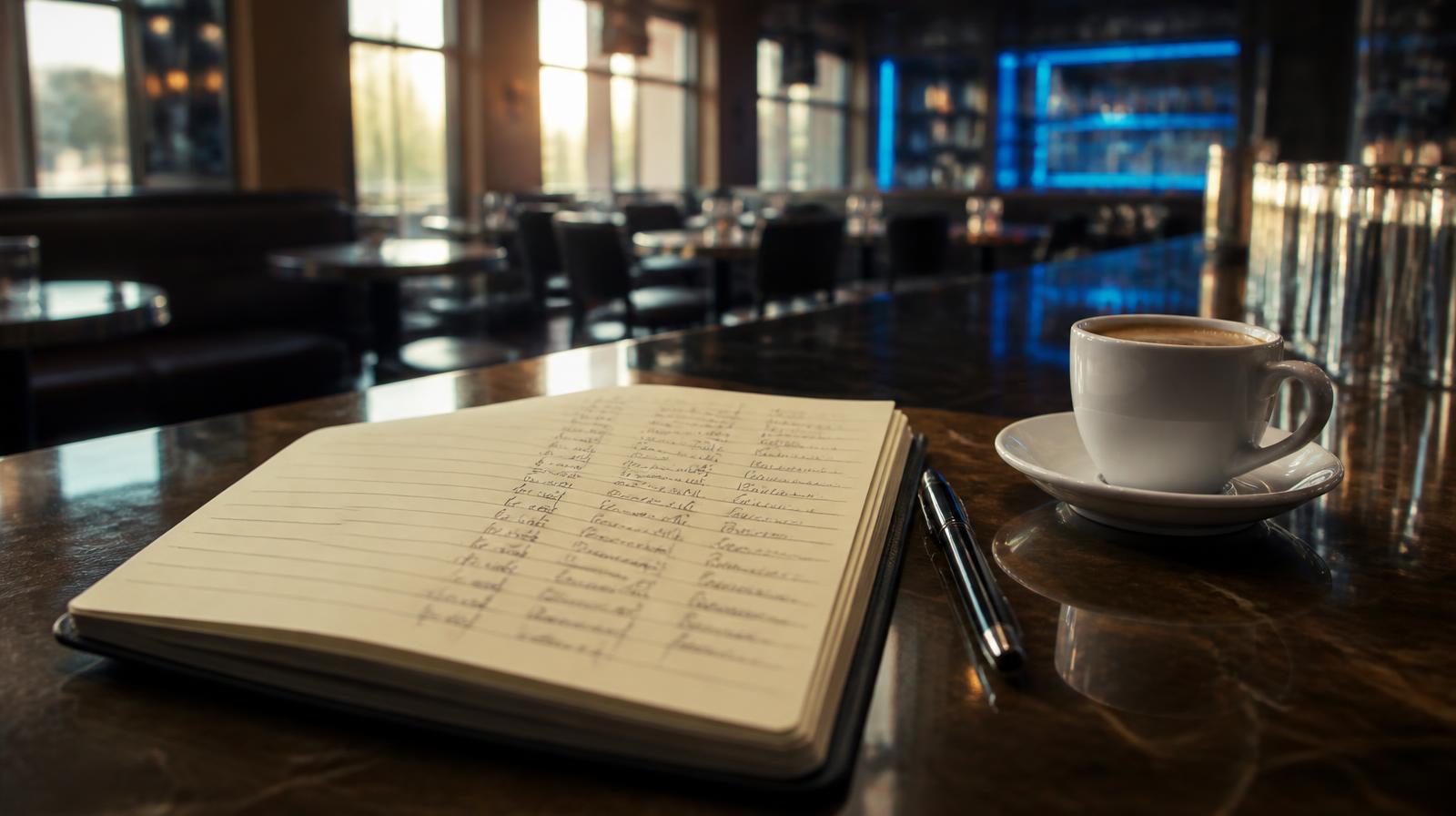KPI benchmarks horeca closeup van notitieblok met cijfers naast een espresso op een donkere bar
