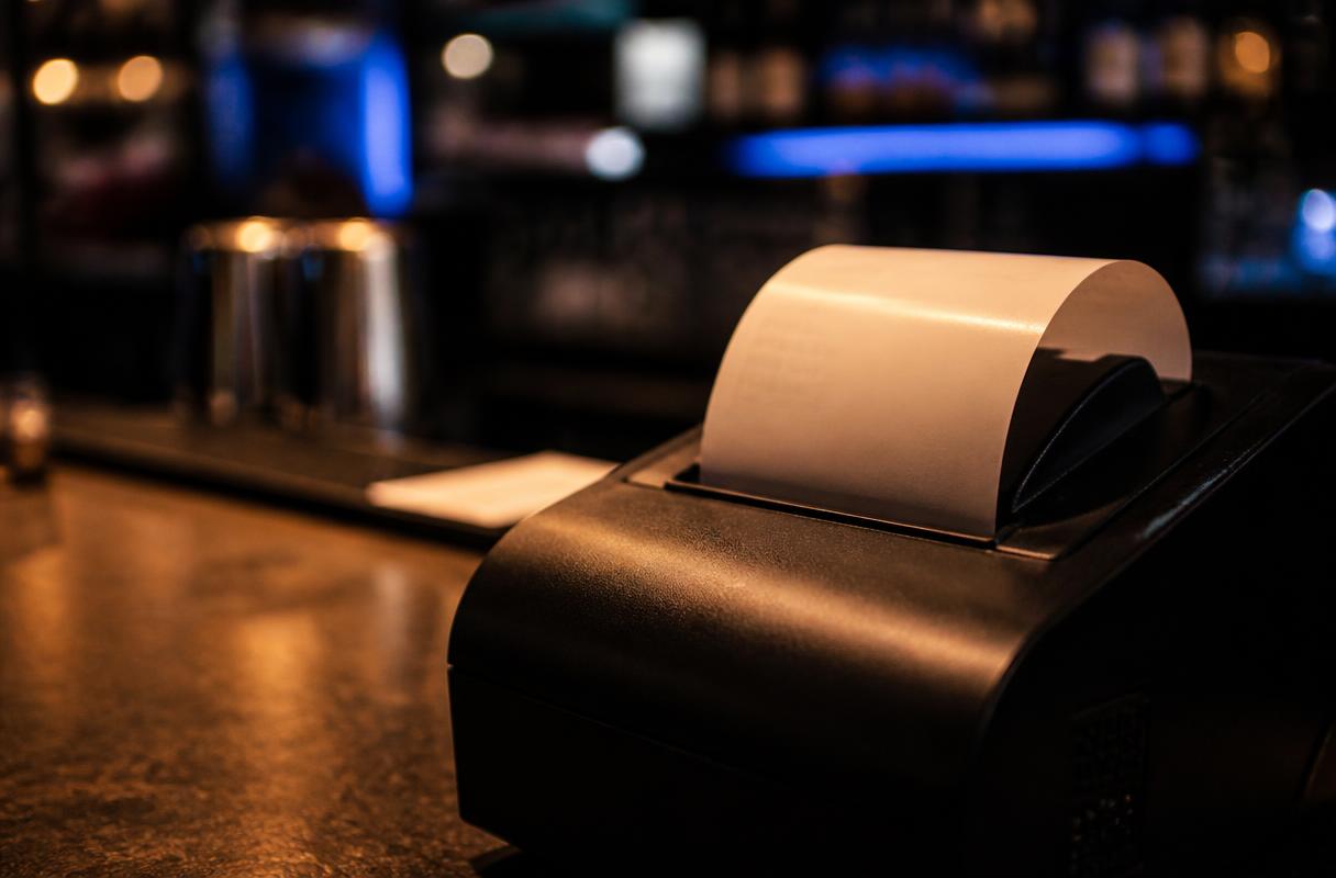 KPI benchmarks horeca closeup van bonnenprinter en tickets op een donkere bar