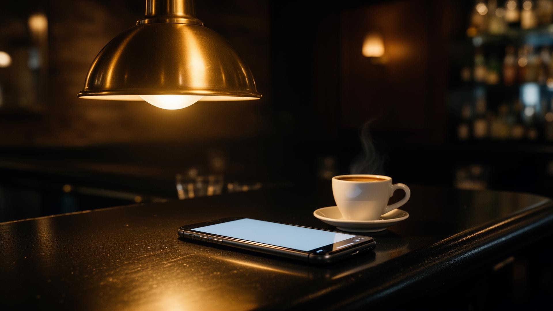 Marketing automatisering horeca smartphone met chat-bel op restaurantbar bij espressokop