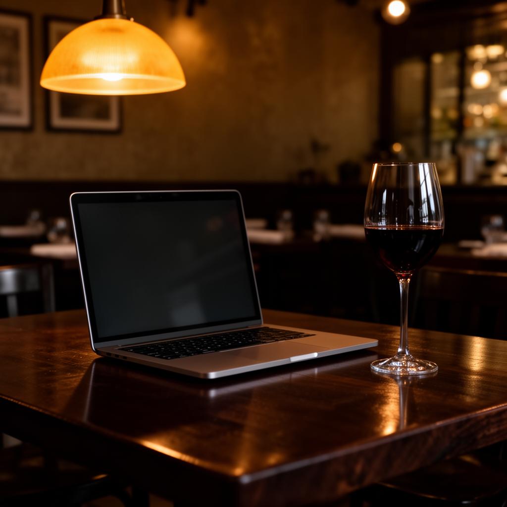 Marketing automatisering horeca laptop met mail interface op restauranttafel bij wijnglas